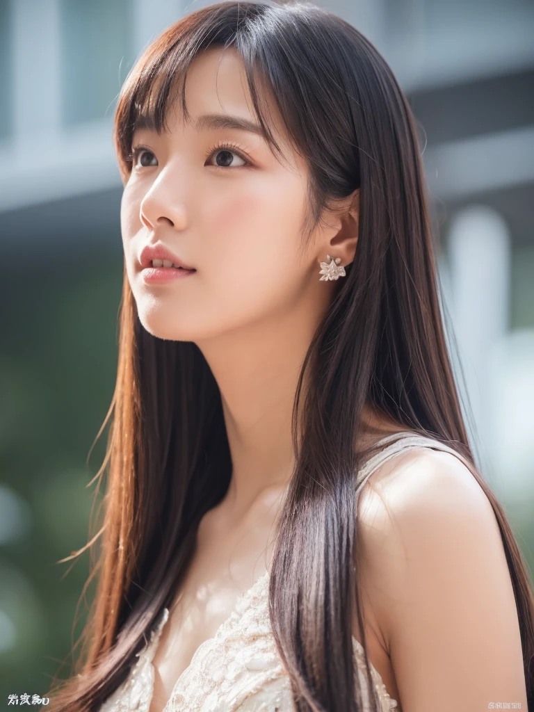 Full body photo of a sexy Japanese beauty。(Hairstyle)Her forehead is visible due to her long, straight, jet black hair.。(face)faceが平で頬骨が出た四角いface。(eye)細いeyeで吊り上がっている。(nose)小さいnose。(lips)分厚いlips。(ear)小さいear。(system)Tall and sexy body。(clothing)Luxury dress。(place)fashion show。Delicate parts。詳細なface。Ultra-realistic photos。