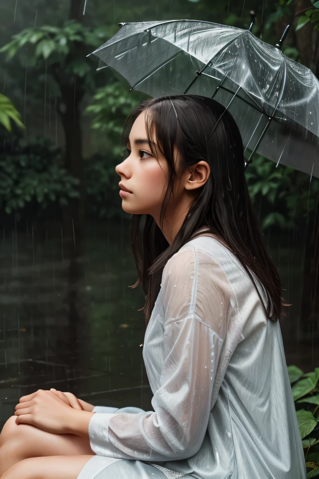  A girl sitting in the rain and lost in thought, background covered with dense trees, the rain creating a soothing yet somber environment, her reflective mood evident, Digital Art, created with Procreate, --ar 9:16 --v 5