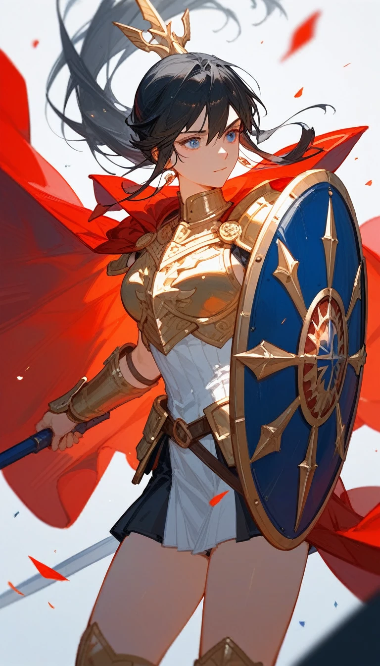 (Fraction_9,Fraction_8_Direction_7_up), （（1 woman））（Close shot），Sparta，Valkyrie，Holding a shield，European and American clothing，Golden Armor，Red Cape，Saint Seiya，Black hair，Athena，Wearing very little，