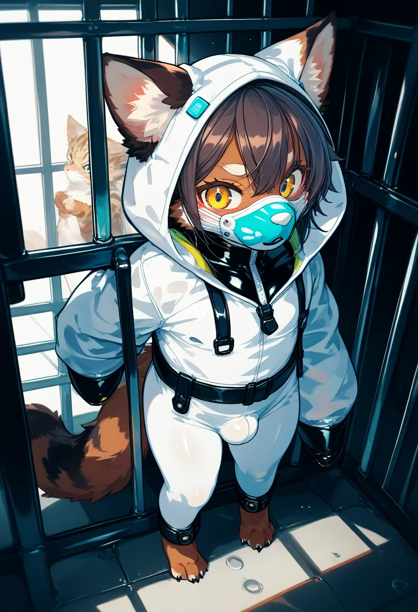 Highest quality, Highest quality, High quality illustrations, masterpiece, Ultra-high resolution, Detailed Background, Jail, Absurd, Perfect Anatomy, performance, Good lighting, Shadows in the movies(kemono, Furry PersonifiCation), Cat, Dark Skin, Rubber suit, Rubber suit, latex, neon, neonライト, neonカラー, Rubber spats, White Rubber Hoodie, Rubber mask, ribbon, first round, Embarrassing, Null bulge, male, juvenile, From above