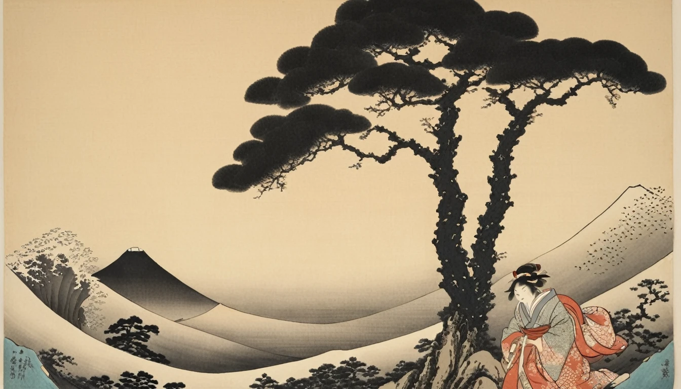 (((Katsushika Hokusai))), (((Ink Painting))), (((Woman&#39;s skeleton))), (((Butterfly patterned haori coat))), (((Sunglasses with tinted lenses, ))), Japanese style headphones, Japanese sword, battle, Modern ukiyo-e style