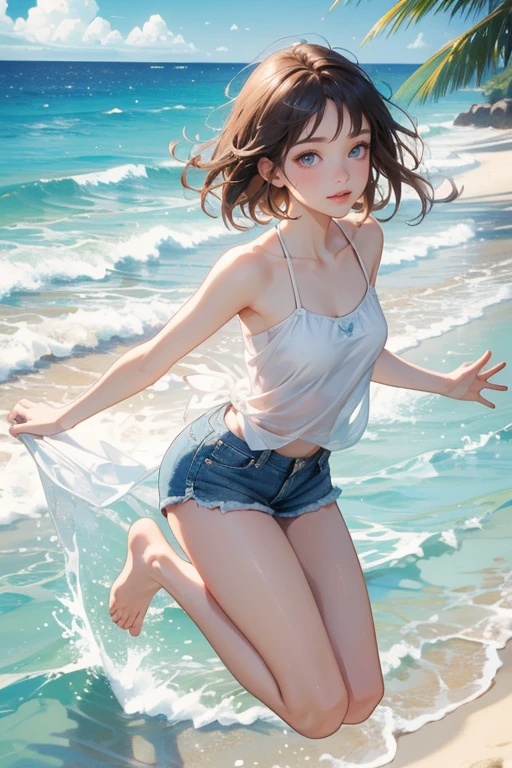 (Highest quality、masterpiece、High resolution、8K)、Vibrant colors、Young and beautiful woman 1、whole body、(Detailed face、Beautiful Eyes、Beautiful nose、Pretty lips)、Black and brown short bob、White tank top and shorts、barefoot、Jump High、Ride along the sandy beach、Surprised Smile、Official Art、The background is the sea、blue sky、Wide sandy beach、Wide forest、White waves and sandy beach、White Entrance Cloud、