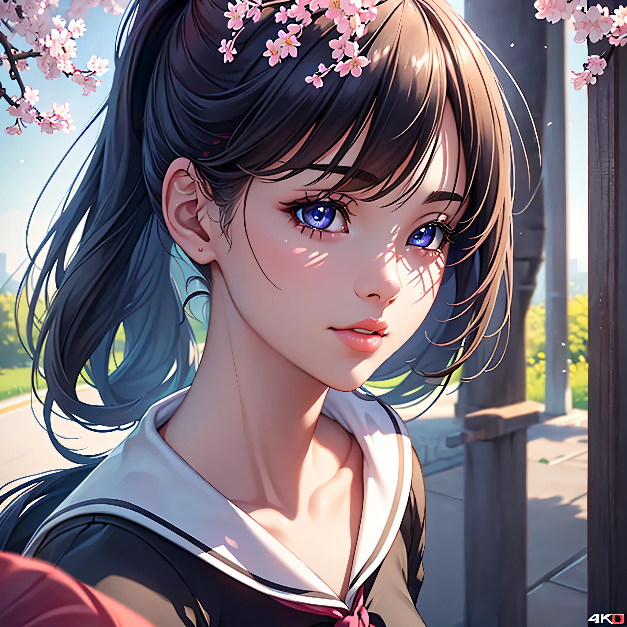 A high school girl in a Japanese , blouse with sailor collar, pleated skirt, hair in lively ponytail or flowing strands, riding a sleek and modern bike, cherry blossom trees lining the scenic path in the background, detailed gears and frame, vibrant and energetic, (best quality,4k,8k,highres,masterpiece:1.2),ultra-detailed,(realistic,photorealistic,photo-realistic:1.37),beautiful detailed eyes,beautiful detailed lips,extremely detailed eyes and face,longeyelashes,digital art,vibrant colors,dynamic composition,warm lighting,soft focus