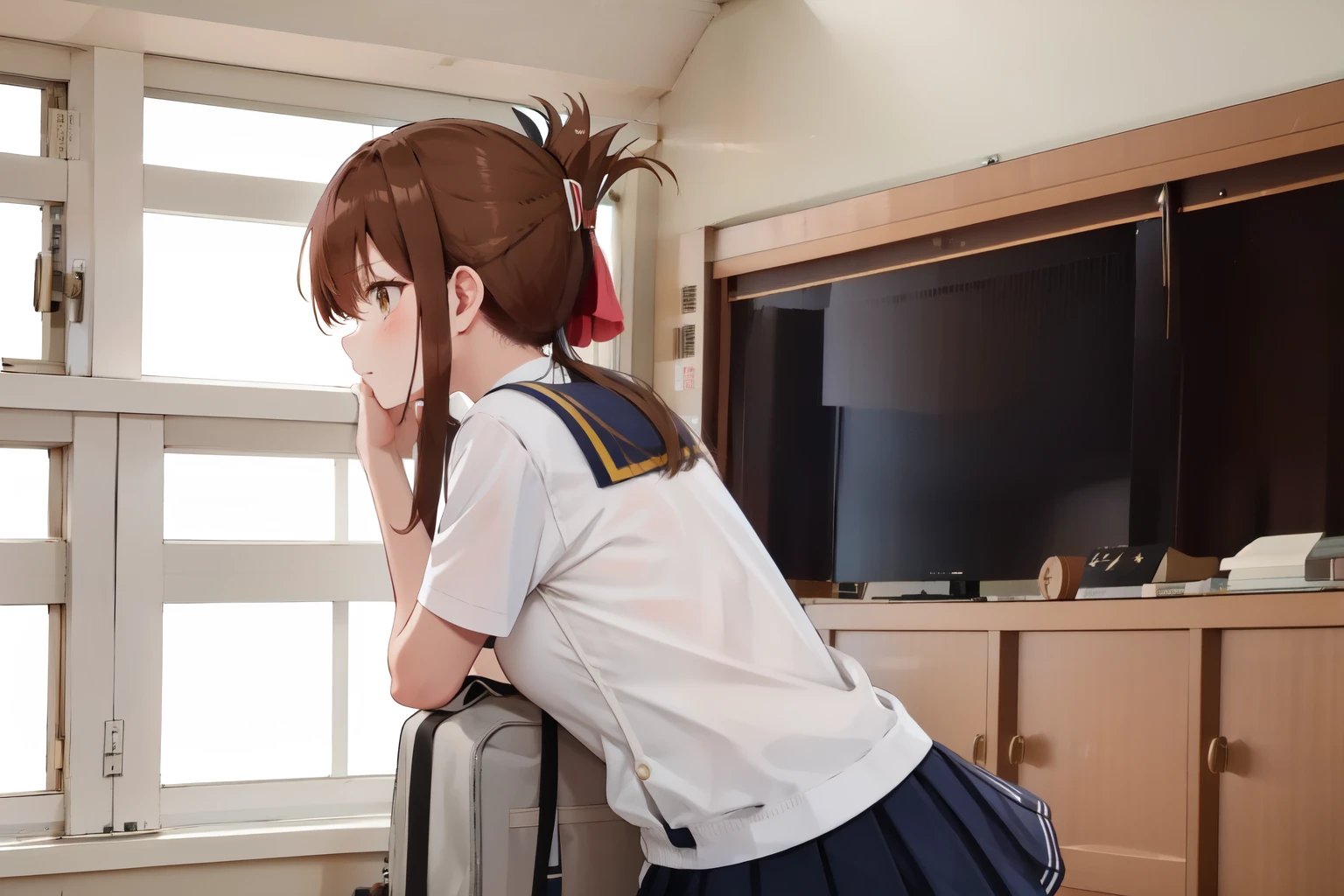 A female student in a sailor uniform is watching a physical education class in the gymnasium because she is feeling unwell,(masterpiece, best quality:1.2),illustration,8K,HD,1girl,独奏,upper body,(portrait:1.2),brown_hair,folded_ponytail,brown_eyes,serafuku,long_hair,school_uniform,skirt,pleated_skirt,