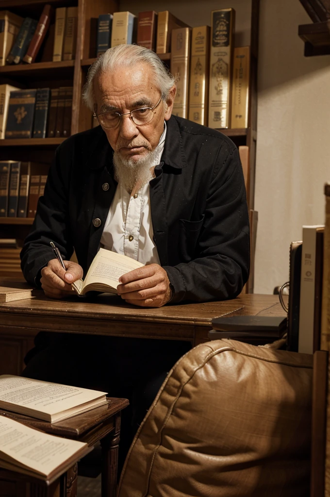 An image of a retired man of about 69 years old,  writing a book in his baroque office, 