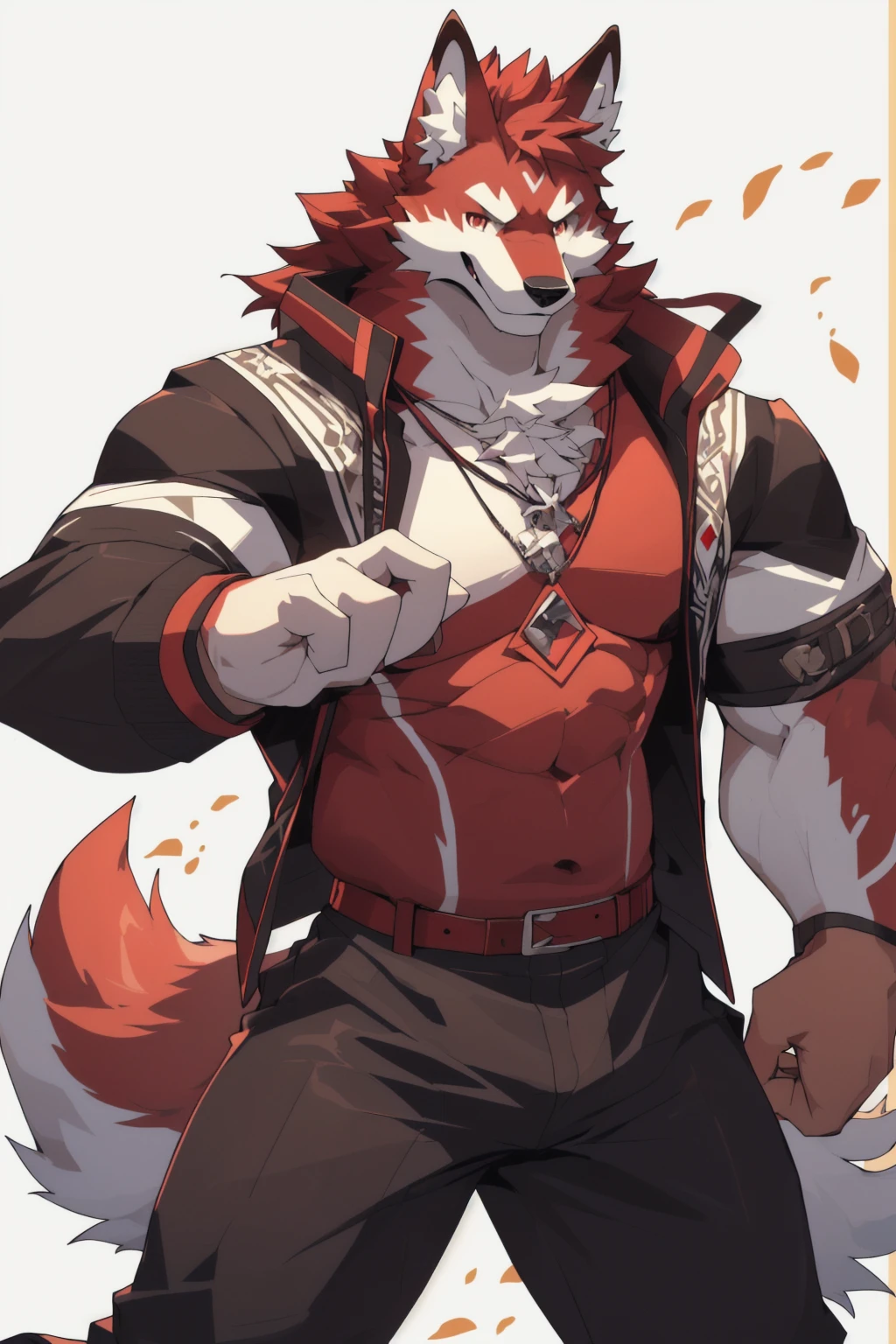 Orange background,high resolution,4K,masterpiece,high quality,35 years old,((Wolfdog)),male,((whole body:1.4,Strike a pose:1.5,Mature:1.3,Smiling face:1.4)),WolfdogFurry,(Uncle figure:1.5,hairy),((Moderate:1.2)),((Strong body:1.5,Long legs:1.3,big ear:1.3,Thick long tail,((White and black suit)),(((Red head:1.4,White neck:1.3,Red eyes:1.3,White chest:1.3,White belly:1.3,Red back of hand:1.3,Red and white tail:1.3))),Delicate eyes:1.6,Fine details,Detailed body,(Detailed hand details:1.4)