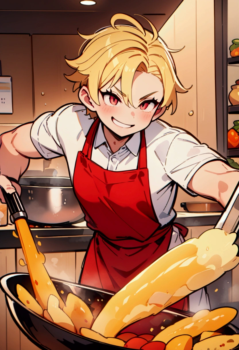best quality, masterpiece, 8K, HD, man with blond hair, wearing white shirt and red apron, dramatically cooking delicious food using a giant steel wok, in fully stocked kitchen, dramatic pose, cheeky smile, vibrant colors, highly detailed
