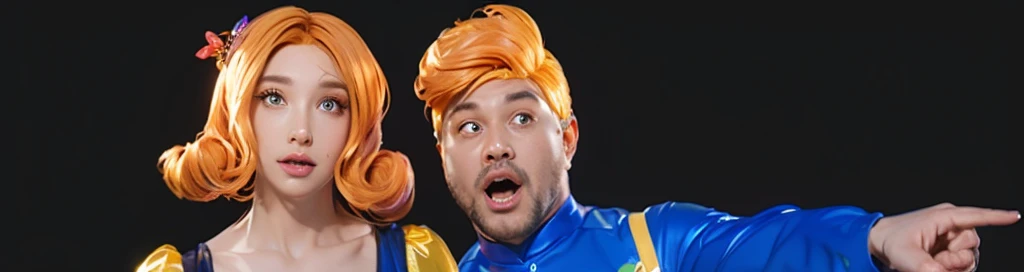 The image features a couple, both dressed in costumes representing the characters of Snow White and the Seven Dwarfs, standing against a black background. 3d style, simplified design, 3d render, glossy texture, smooth 3d model, multiple light sources, rim light, sharp post effects render, (glossy plastic texture with multiple big light probe refractions), perfect cgi, smooth silhouette, high intensity refraction, (super glossy material), most beautiful vfx , blue background, plastic refractions, realistic, 4k, high resolution, rim light, photo shoot, commercial photo, profile shot, 4k, rim light, high resolution, 4k, glossy texture, smooth 3d model, multiple light sources, rim light, sharp post effects render, (glossy metallic texture with multiple big light probe refractions), perfect cgi, cgi art created only with gradients, smooth silhouette, high intensity refraction, (super glossy chrome material), most beautiful vfx, blue background, chrome metal refractions, multiple light sources, rim light, sharp post effects render, perfect cgi, digital art, detailed digital art, reflective, best quality, 4k, masterpiece:1.2, ultra-detailed, realistic, vivid colors, dark and moody lighting, The image of the highest quality, ensuring every detail is showcased perfectly. It in 4k resolution, allowing viewers to immerse themselves in the richness of the colors and intricate details. The realistic rendering. under the spotlight, reflecting, high-resolution image, realistic rendering, dark background, and rim light photorealistic The image features three characters standing in front of three houses. The characters are a red-haired mermaid, a purple cat, and an orange dog. They are each holding a yellow maraca