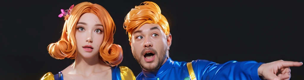 The image features a couple, both dressed in costumes representing the characters of Snow White and the Seven Dwarfs, standing against a black background. 3d style, simplified design, 3d render, glossy texture, smooth 3d model, multiple light sources, rim light, sharp post effects render, (glossy plastic texture with multiple big light probe refractions), perfect cgi, smooth silhouette, high intensity refraction, (super glossy material), most beautiful vfx , blue background, plastic refractions, realistic, 4k, high resolution, rim light, photo shoot, commercial photo, profile shot, 4k, rim light, high resolution, 4k, glossy texture, smooth 3d model, multiple light sources, rim light, sharp post effects render, (glossy metallic texture with multiple big light probe refractions), perfect cgi, cgi art created only with gradients, smooth silhouette, high intensity refraction, (super glossy chrome material), most beautiful vfx, blue background, chrome metal refractions, multiple light sources, rim light, sharp post effects render, perfect cgi, digital art, detailed digital art, reflective, best quality, 4k, masterpiece:1.2, ultra-detailed, realistic, vivid colors, dark and moody lighting, The image of the highest quality, ensuring every detail is showcased perfectly. It in 4k resolution, allowing viewers to immerse themselves in the richness of the colors and intricate details. The realistic rendering. under the spotlight, reflecting, high-resolution image, realistic rendering, dark background, and rim light photorealistic The image features three characters standing in front of three houses. The characters are a red-haired mermaid, a purple cat, and an orange dog. They are each holding a yellow maraca