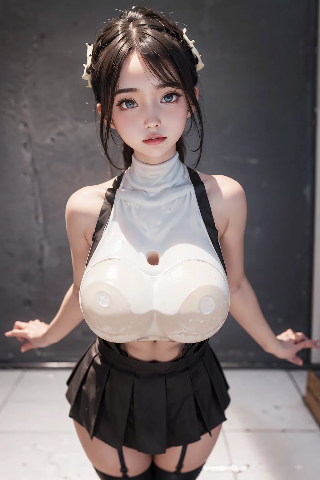 pretty girl, Standing in front of the blackboard, Tight sleeveless cutie, Lower body ultra short skirt, Exposed arms, exposed shoulders, Exposed stomach, Navel exposed, (Giant Milk: 1.5), Long tube suspender stockings, Looking at the viewer, Don't hold anything in your hands, Don't show cleavage.
