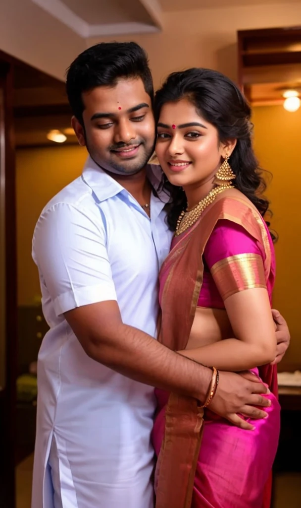A 50-year-old man affectionately hugging and kissing on lips of a radiant, full-figured South Indian 45 year old very beautiful bride wearing a pink silky saree and blue blouse in office, other people cheering next to them, captured in a full-body image with vibrant hues and meticulous details. Full body image