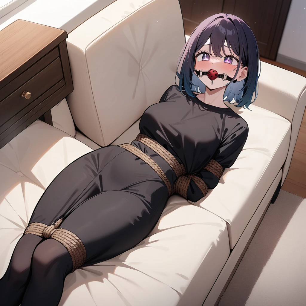 1girl, kurokawa akane, oshi no ko,living room,lying on a sofa,, bondage,gaged,ballgag,rope,hand behind back,masterpiece,very aesthetic,newest,
