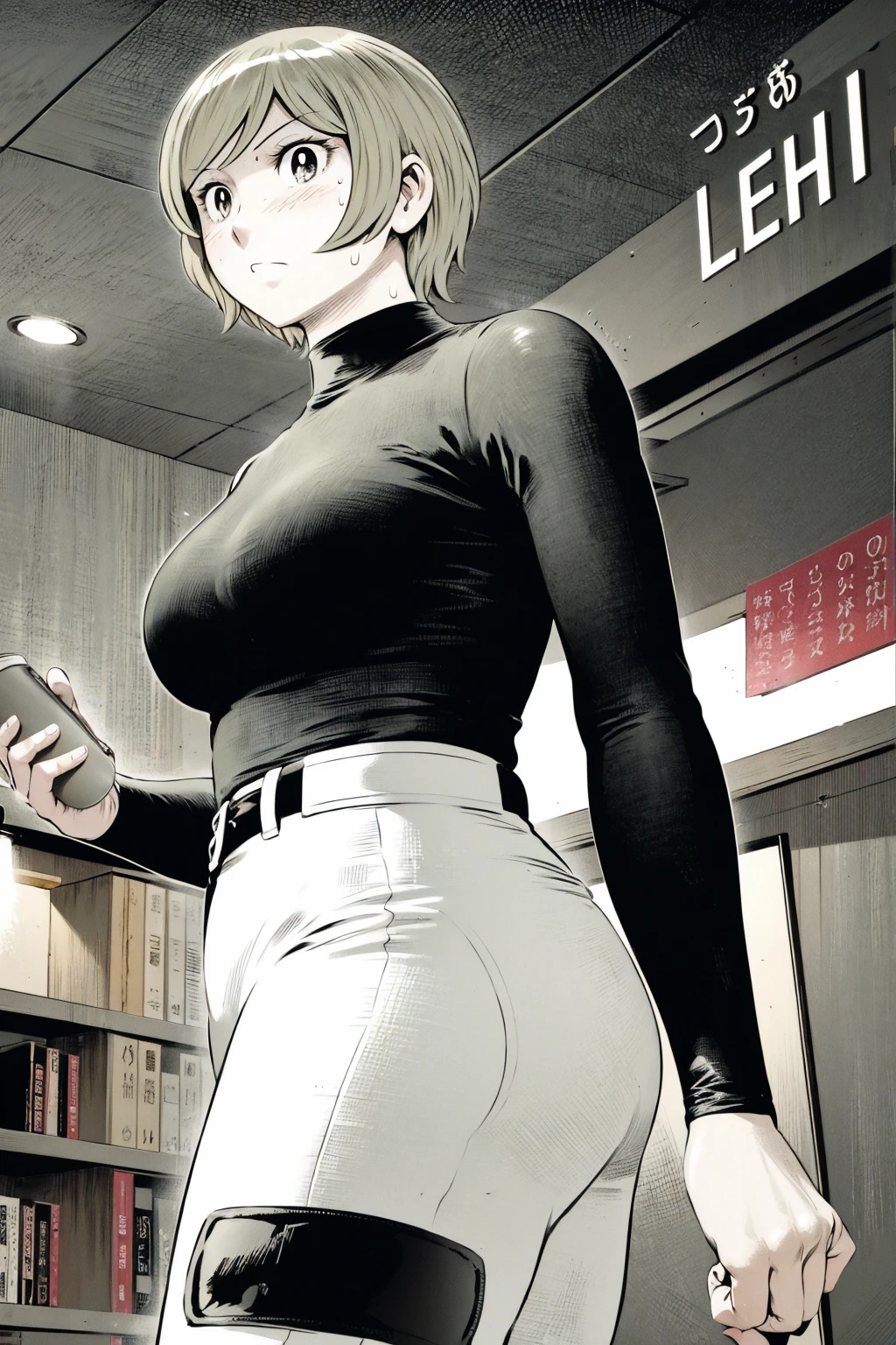 、(masterpiece、Highest quality)、Highest quality, Ultra-high resolution, (((masterpiece))), alone, Sweat、Big eyes,Tight black shirt、Tight white pants、belt、indoor、Composition from the front、(Cut the back hair short、short hair、blonde、woman)、Shortcuts、Embarrassed face、Cut your hair short、可愛いwomanの子、Big Breasts、office