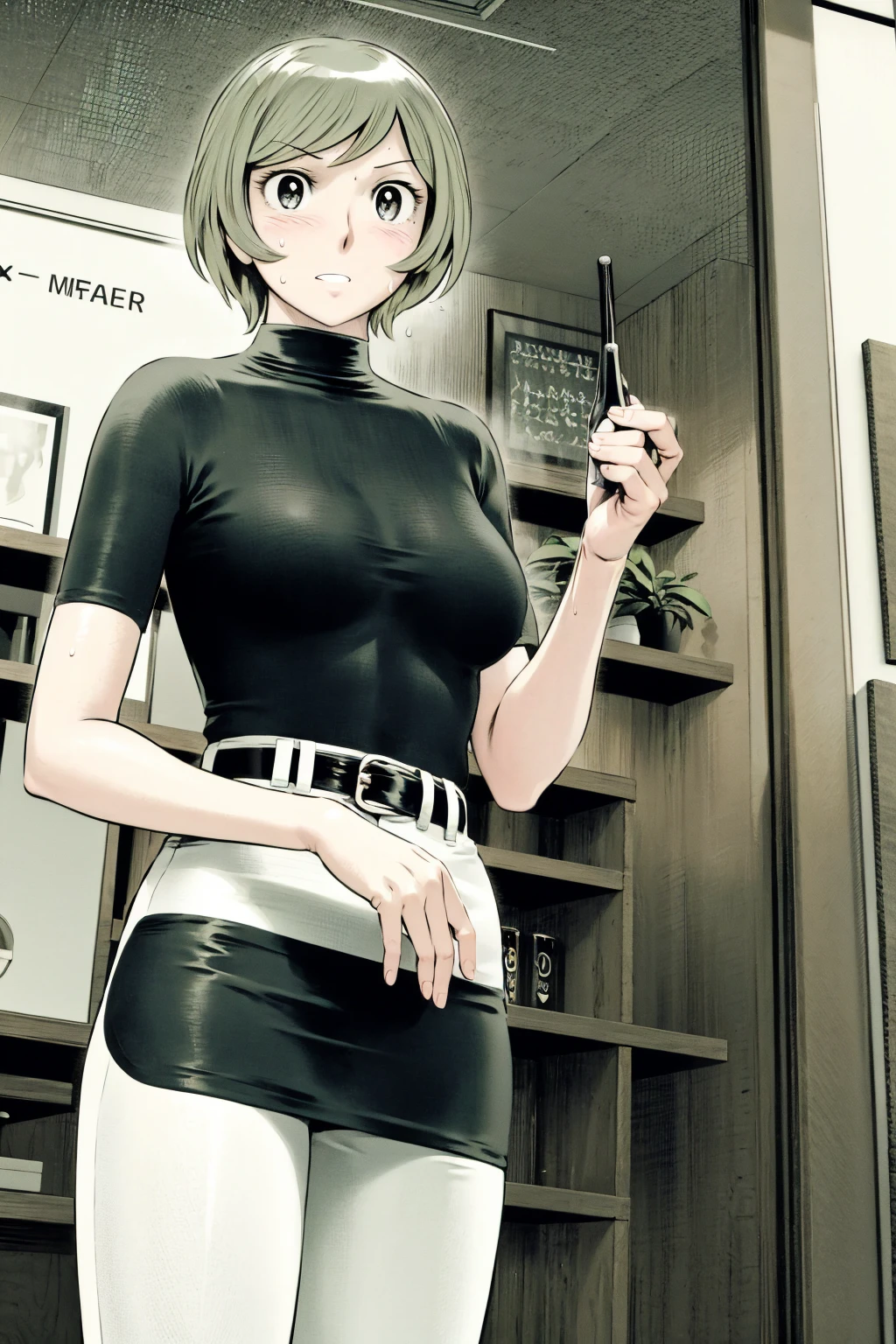 、(masterpiece、Highest quality)、Highest quality, Ultra-high resolution, (((masterpiece))), alone, Sweat、Big eyes,Tight black shirt、Tight white pants、belt、indoor、Composition from the front、(Cut the back hair short、short hair、blonde、woman)、Shortcuts、Embarrassed face、Cut your hair short、可愛いwomanの子、Big Breasts、office
