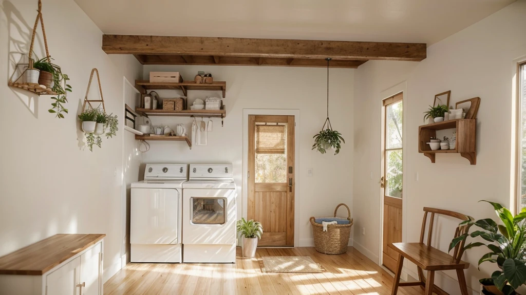 a tiny laundry room, natural elements, wooden shelves, hanging plants, sunlight streaming in, clean minimalist design, cozy and inviting space, detailed textures, warm color palette, beautiful decorative accents, (best quality,4k,8k,highres,masterpiece:1.2),ultra-detailed,(realistic,photorealistic,photo-realistic:1.37),interior design,natural,warm lighting,clean lines,minimalist,wooden accents,hanging plants,sunlight,cozy