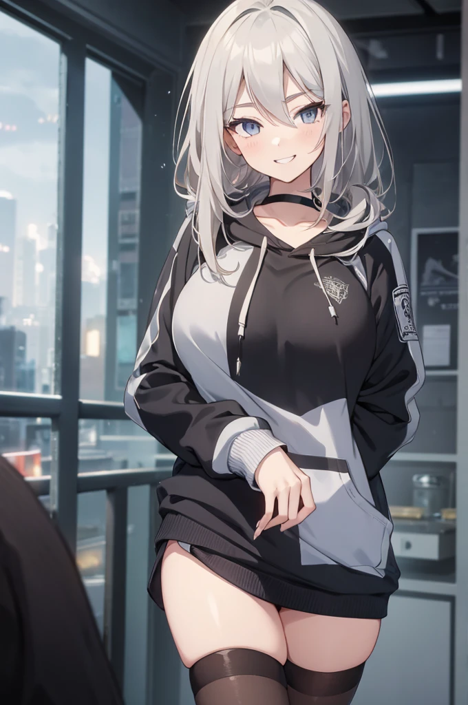 Concept Art, White hair, Silver gradient hair , Composite cloth, Virtual YouTuber, best quality, masterpiece, Dynamic Angle, girl,Miss,woman, young,20 years old, , Hair Flip, Silver Hair, Flowing hair, Ahog, giggle, Beautiful and delicate golden eyes, teeth, Large Breasts, Blonde eyes, White skin, hoodie, Black_shorts, Gray clothes, transparent_Back ground, Backlighting, absurd, high resolution, Extremely detailed,sweater,Smile