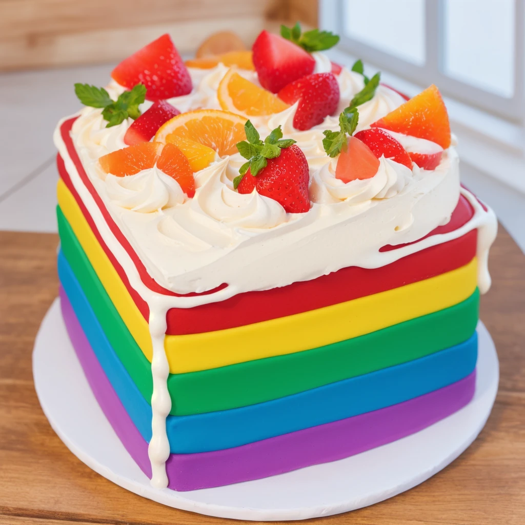on a wooden table, on a porcelain plate, a tiny cream rainbow cake, with cream lines drawn on its edges, white cream swirls, tiny strawberries, oranges and watermelon slices made of polymer clay on the cake, window light, bright lights, soft light, window light, professional lighting, light from the window, neat light, realistic texture, realistic style, detailed texture, high quality, high resolution, high quality rendering, realistic photo, brightning light, macro photo