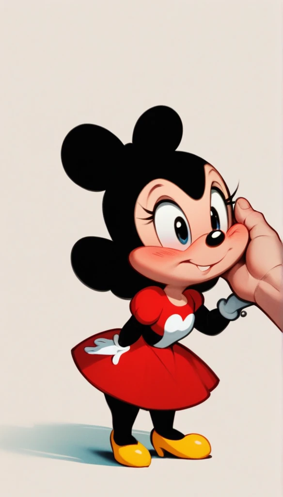 Furry, Minnie Mouse, shortstack, short stature, slightly blushed, disney cartoon, white glooves, yellow heels, red dress, spotted dress, black body, close up on face, human hand on cheek, cheek caressing, black body