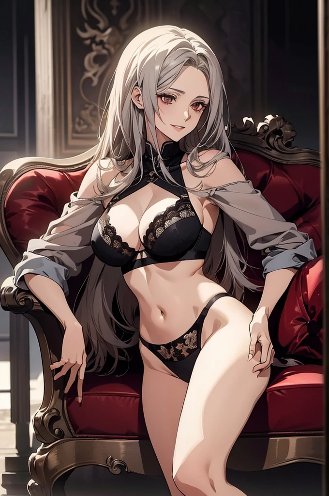(Highest quality, High resolution, Very detailed), 1 female, Silver Hair, Long Hair, Reddish brown eyes, lace thong bra, Large Breasts, Beautiful slim legs, secretary, 24th generation, Beautiful woman, mature, quiet, Calm, A small smile, sofa,