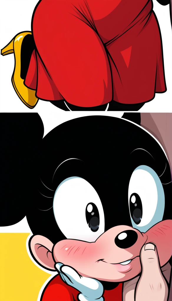 Furry, Minnie Mouse, shortstack, short stature, slightly blushed, disney cartoon, white glooves, yellow heels, red dress, spotted dress, black body, close up on face, human hand on cheek, cheek caressing, black body