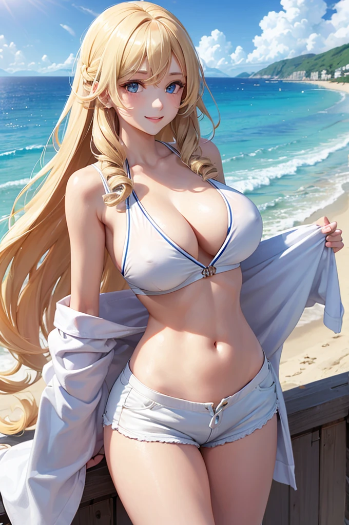 1 girl, wry smile, young girl, pretty face, Multiple long drill hair, Large amount of hair, curly hair in vertical rolls, shiny blonde Long hair, Beautiful blue eyes, huge , She has a large chest but a thin body, white skin, Summer Sea, Seaside, bathing beach, Girl playing with waves on the beach, Dynamic girl, White tank top, white shorts