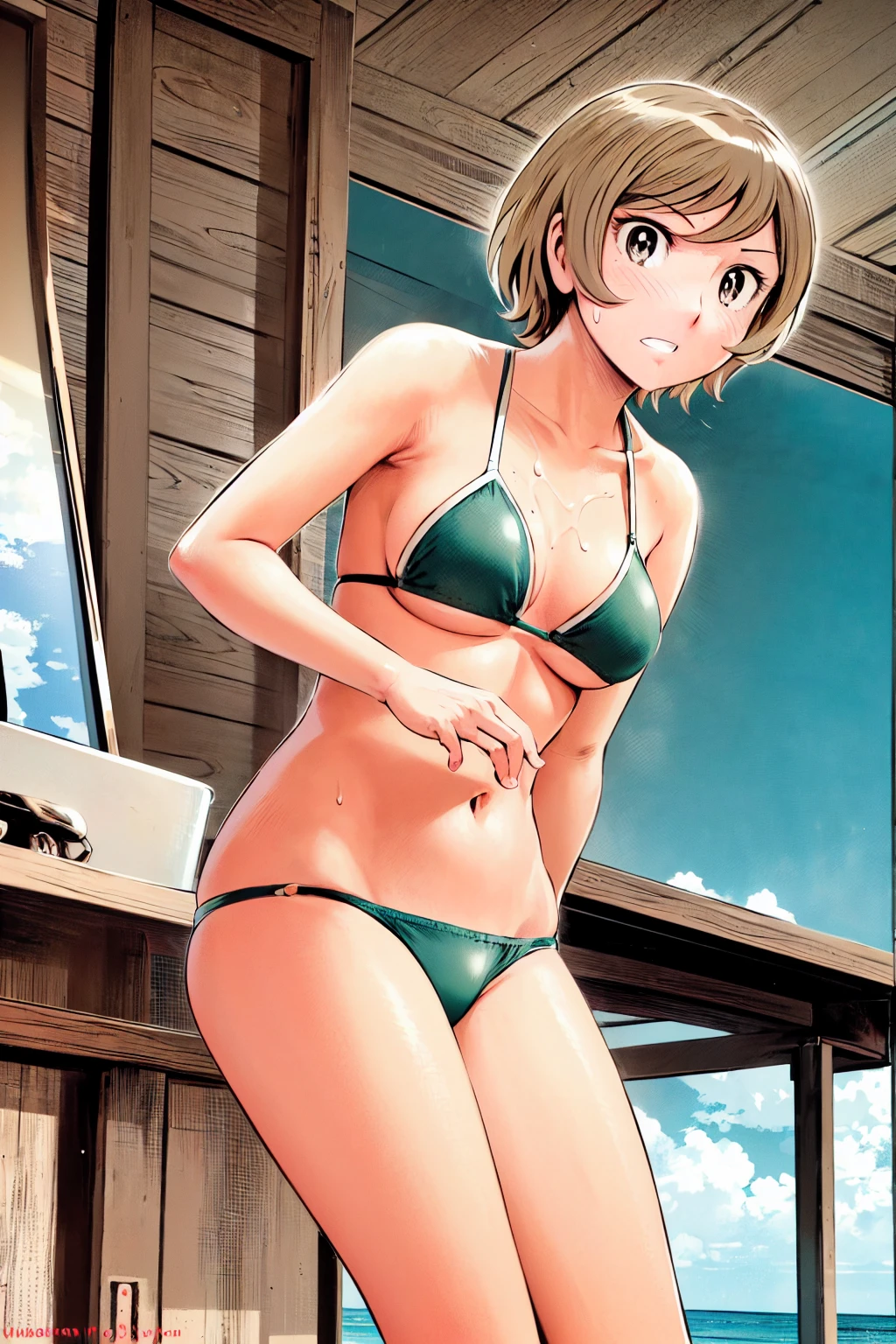 、(masterpiece、Highest quality)、Highest quality, Ultra-high resolution, (((masterpiece))), alone, Sweat、Big eyes, Composition from the front、Shortcuts、Embarrassed face、Bronze colored hair、Cut your hair short、Ocean、beach、Black Micro Bikini、belly button、short hair、(Bronze colored hair)