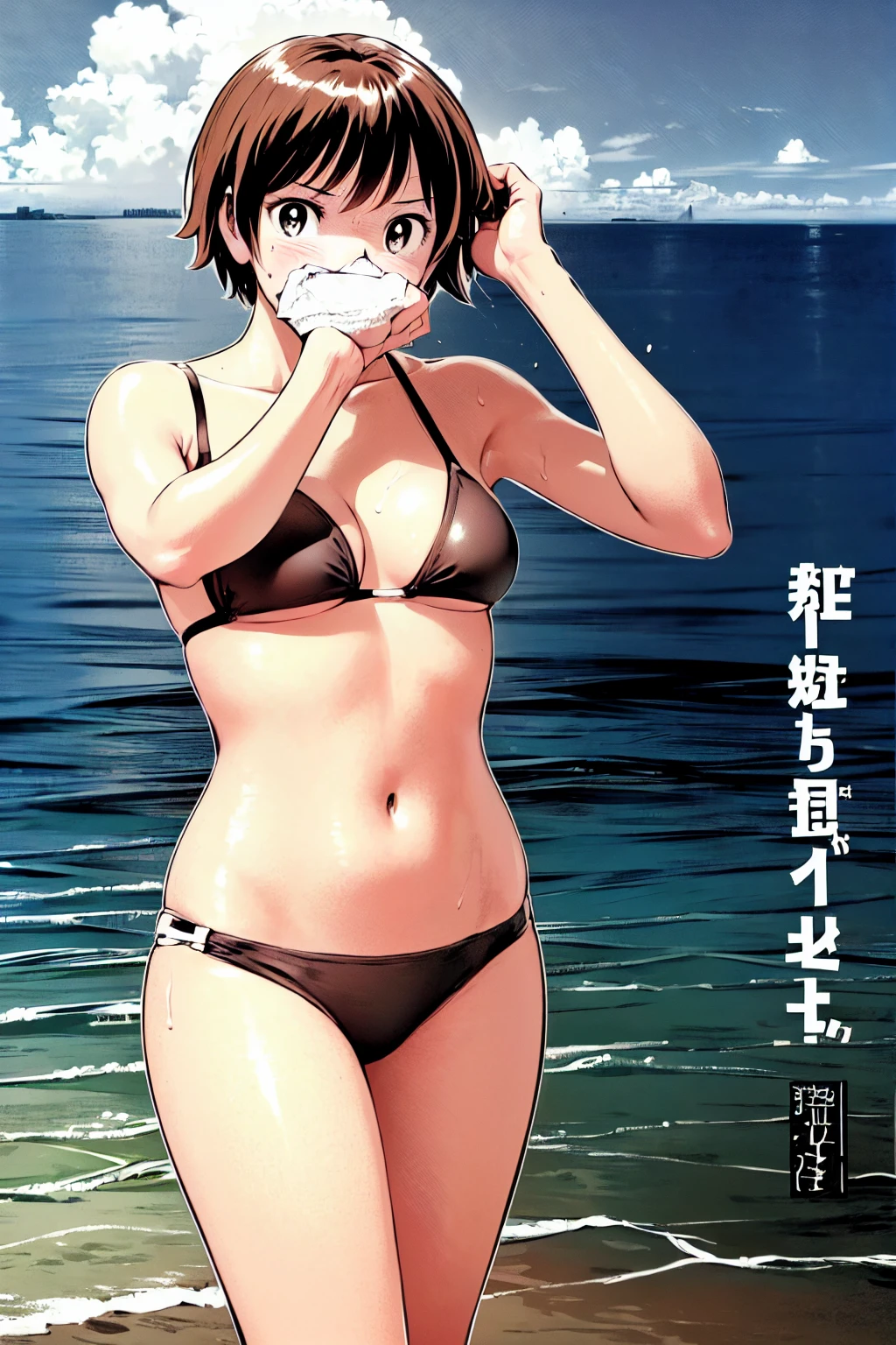 、(masterpiece、Highest quality)、Highest quality, Ultra-high resolution, (((masterpiece))), alone, Sweat、Big eyes, Composition from the front、Shortcuts、Embarrassed face、Bronze colored hair、Cut your hair short、Ocean、beach、Black Micro Bikini、belly button、short hair、(Bronze colored hair)
