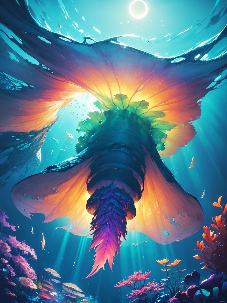 ((masterpiece, Best Quality)), High Definition, high quality texture, 8k wallpaper, ((view from below:1.2)), ((light leaks:1.2, Poured Light, soft light, The moon seen from underwater, Beautiful lighting)), dreamy atmosphere, perspective, , Fish swimming, (vibrant colors:1.5), Underwater Flower, Colorful seaweed, Professional photography, fantasy art,