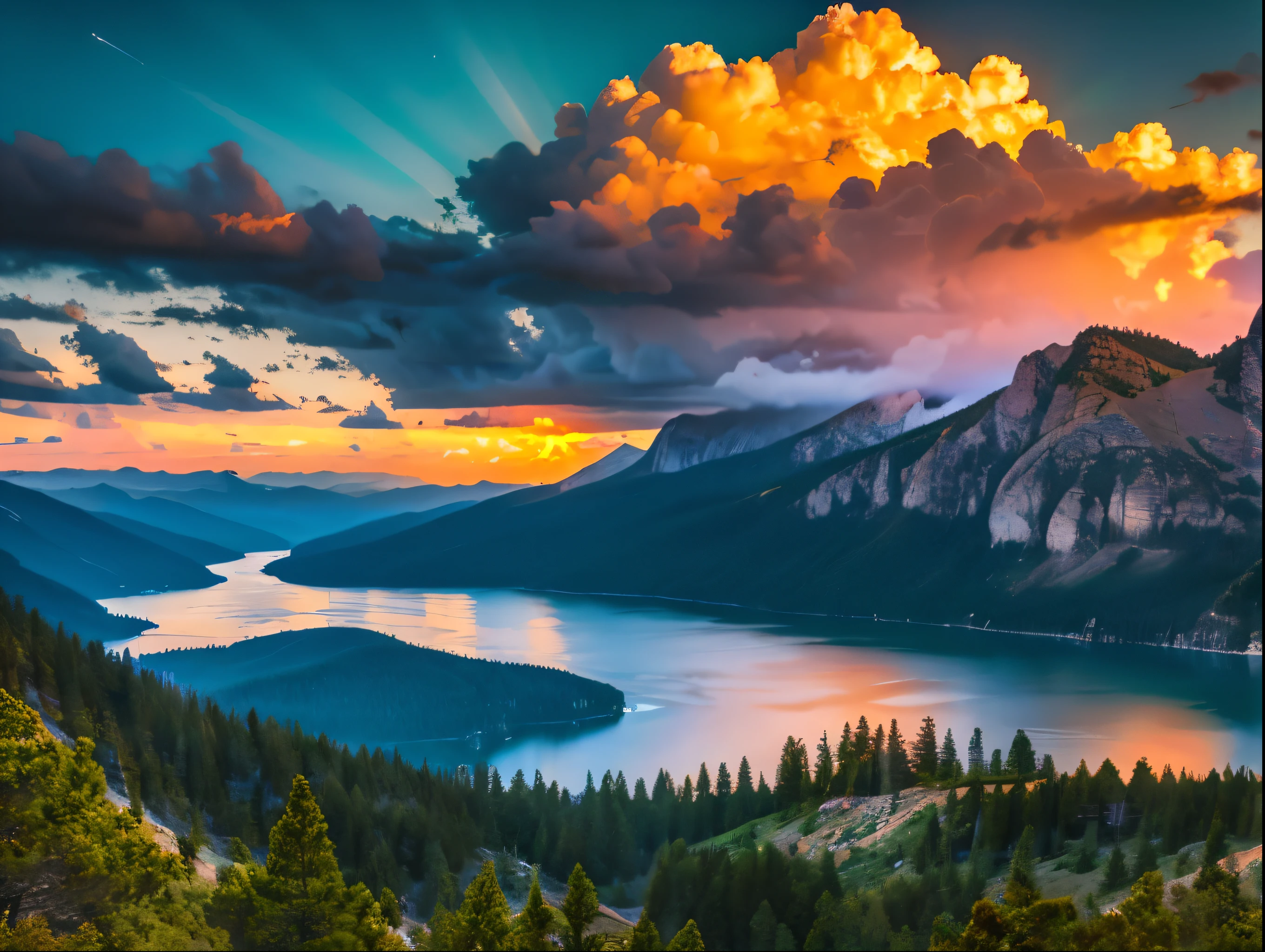 a breathtaking sunset over majestic mountains,dramatic sky with vibrant colors,glowing sun on the horizon,silhouettes of pine trees,serene lake reflecting the sky,detailed rocky cliffs,beautiful light rays,intricate cloud formations,realistic landscape,photorealistic,8k,highly detailed,cinematic lighting,epic scale,dramatic atmosphere,vibrant colors,gorgeous scenery