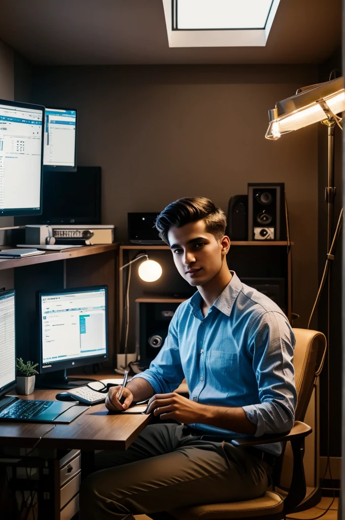 A fancy boy sitting in front of his comouter in lighted room and he is working in trading and freelancing in his big computer set up