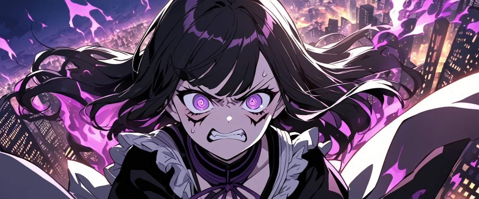 A teenager maid with long black hair and purple eyes. She is angry. The background is a city with purple fire. Kimetsu no Yaiba Art Style.