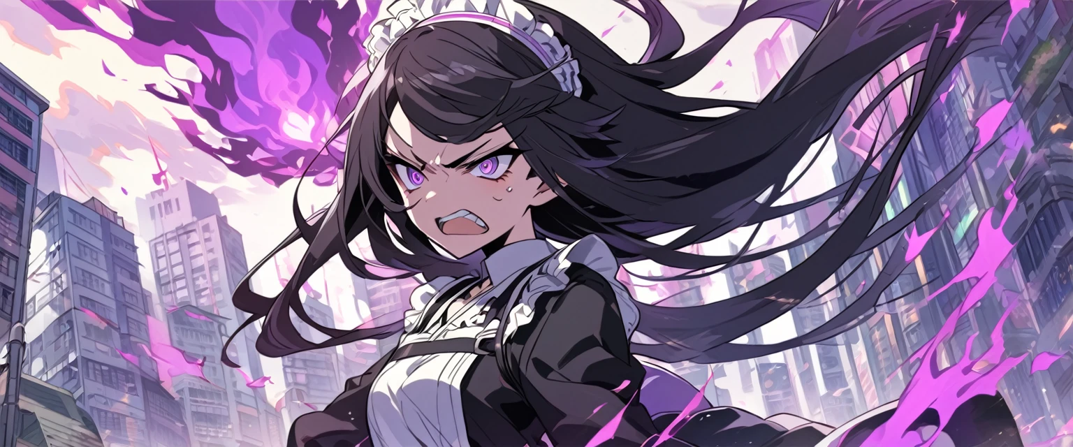 A ager maid with long black hair and purple eyes. She is angry. The background is a city with purple fire. Kimetsu no Yaiba Art Style.