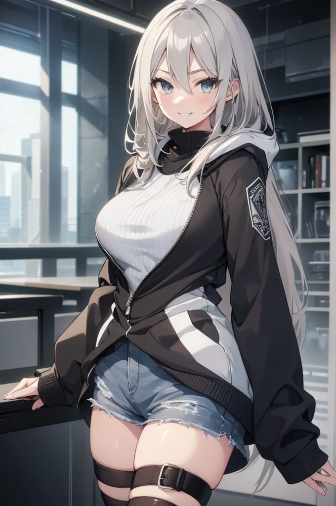 Concept Art, White hair, Silver gradient hair , Composite cloth, Virtual YouTuber, best quality, masterpiece, Dynamic Angle, girl,Miss,woman, young,20 years old, , Hair Flip, Silver Hair, Flowing hair, Ahog, giggle, Beautiful and delicate golden eyes, teeth, Large Breasts, Blonde eyes, White skin, hoodie, Black_shorts, Gray clothes, transparent_Back ground, Backlighting, absurd, high resolution, Extremely detailed,sweater,Smile