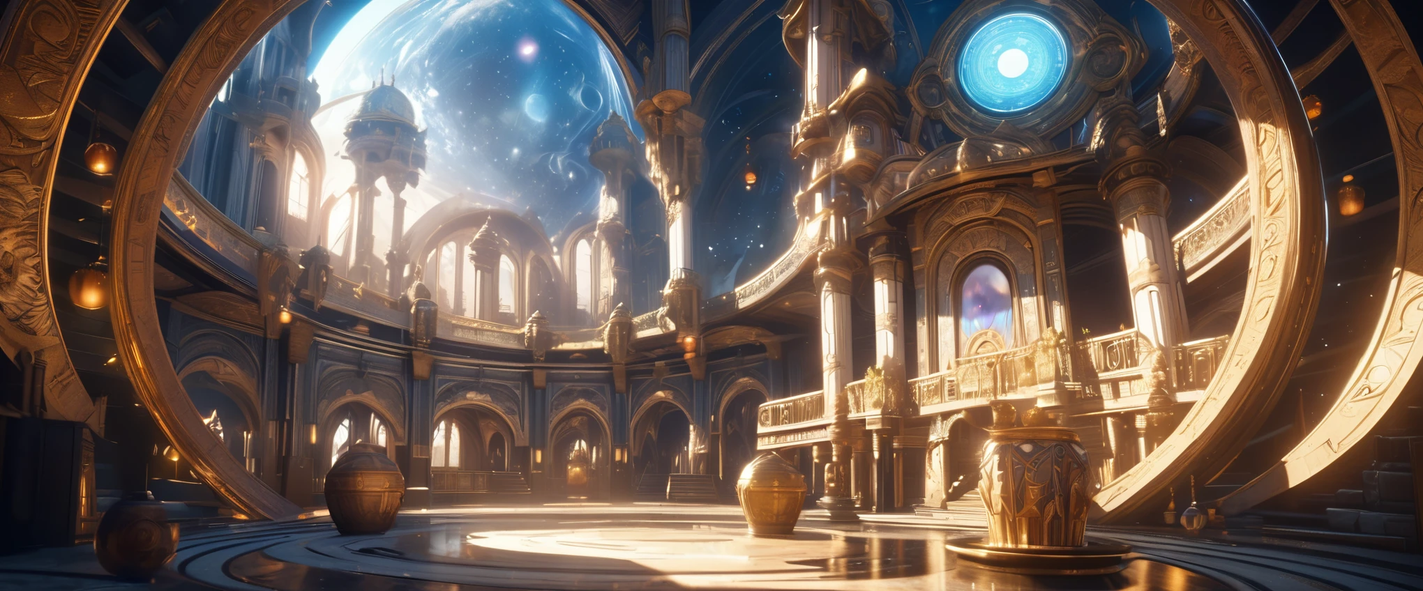 Scenes, Beautiful astrologer close up, Distorted Space, Astrology and fortune telling palace with brilliant background, Anime fantasy art.lens flare, Optical axis, Intricate details, High Detail, Volumetric Lighting, 4k Rendering, image, Surreal, Realistic textures, Dramatic Lighting, Unreal Engine