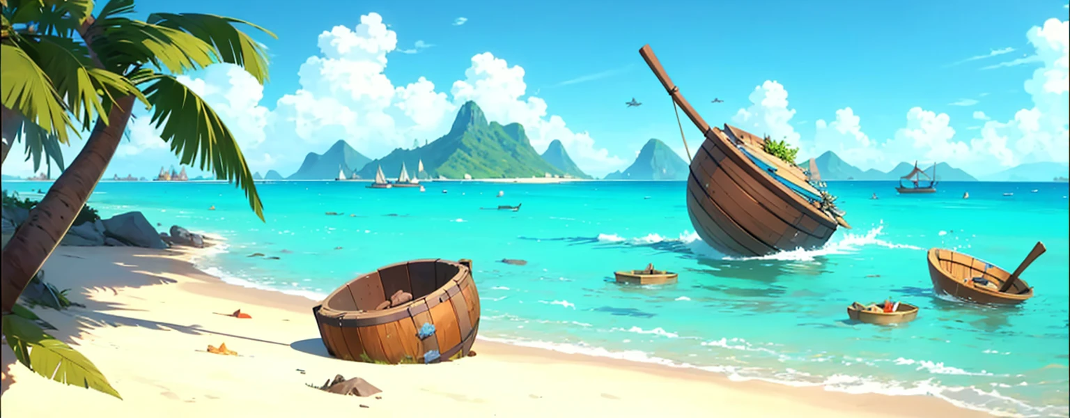 best quality, 4K, high resolution, masterpiece:1.2, Extremely detailed）warm sunlight,Blue sky and white clouds，Deserted island beach，Fragments of a ship，Wooden barrel floating on the sea，A man lying on the beach。Fantasy style.Concept Art, Pixar,, best quality，Clash Royale style

