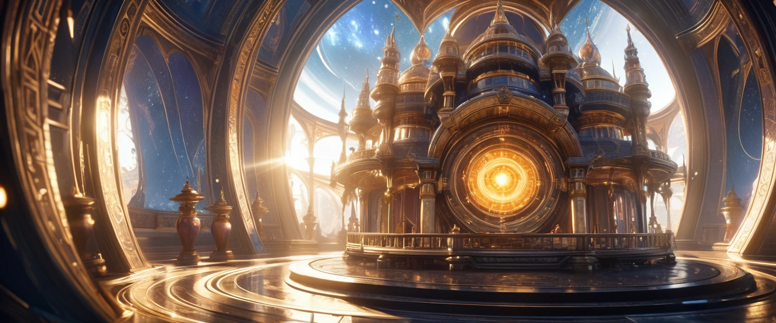 Scenes, Beautiful astrologer close up, Distorted Space, Astrology and fortune telling palace with brilliant background, Anime fantasy art.lens flare, Optical axis, Intricate details, High Detail, Volumetric Lighting, 4k Rendering, image, Surreal, Realistic textures, Dramatic Lighting, Unreal Engine