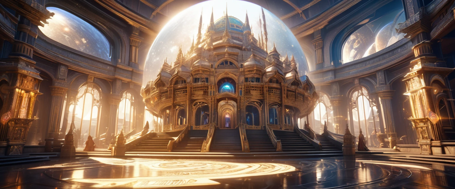 Scenes, Beautiful astrologer close up, Distorted Space, Astrology and fortune telling palace with brilliant background, Anime fantasy art.lens flare, Optical axis, Intricate details, High Detail, Volumetric Lighting, 4k Rendering, image, Surreal, Realistic textures, Dramatic Lighting, Unreal Engine