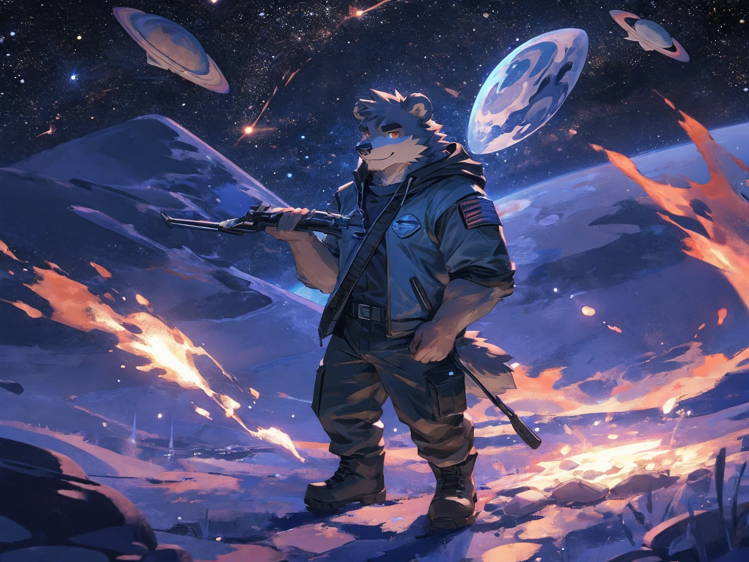 (masterpiece:1.2), best quality,pixiv,official art,perfect anatomy, (Ray tracing, light),solo, (1_male:1.3) , (muscle), (grey fur:1.4), (muscle bear), (beard:1.2), (gleaming golden eyes), bear tail, full body, Thick black eyebrows,(open hooded parka), (naked inside), (cargo pants:1.2), boots , (in the space:1.3) , star , planet , earth , asteroid , (character floating :1.3)