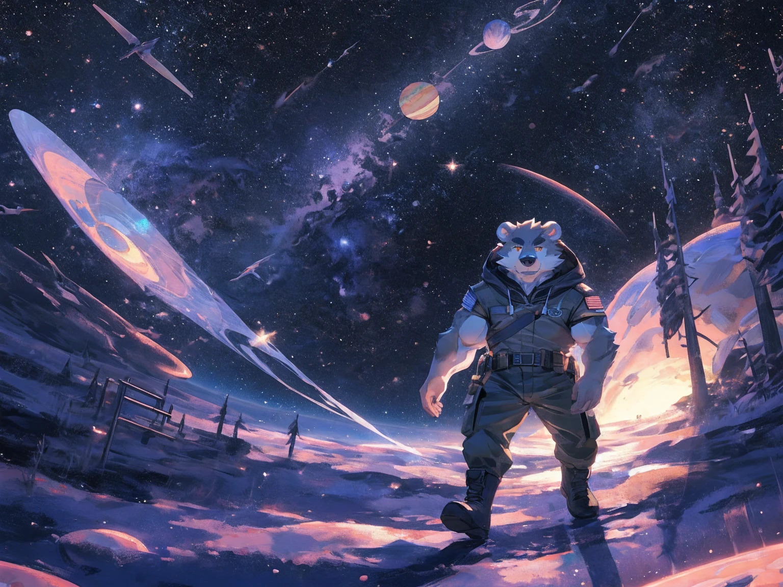 (masterpiece:1.2), best quality,pixiv,official art,perfect ???????, (Ray tracing, light),solo, (1_male:1.3) , (muscle), (grey fur:1.4), (muscle bear), (beard:1.2), (gleaming golden eyes), bear tail, full body, Thick black eyebrows,(open hooded parka), (naked inside), (cargo pants:1.2), boots , (in the space:1.3) , star , planet , earth , asteroid , (character floating :1.3)
