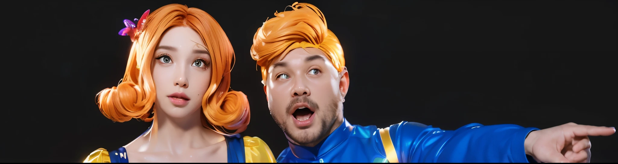 The image features a couple, both dressed in costumes representing the characters of Snow White and the Seven Dwarfs, standing against a black background. 3d style, simplified design, 3d render, glossy texture, smooth 3d model, multiple light sources, rim light, sharp post effects render, (glossy plastic texture with multiple big light probe refractions), perfect cgi, smooth silhouette, high intensity refraction, (super glossy material), most beautiful vfx , blue background, plastic refractions, realistic, 4k, high resolution, rim light, photo shoot, commercial photo, profile shot, 4k, rim light, high resolution, 4k, glossy texture, smooth 3d model, multiple light sources, rim light, sharp post effects render, (glossy metallic texture with multiple big light probe refractions), perfect cgi, cgi art created only with gradients, smooth silhouette, high intensity refraction, (super glossy chrome material), most beautiful vfx, blue background, chrome metal refractions, multiple light sources, rim light, sharp post effects render, perfect cgi, digital art, detailed digital art, reflective, best quality, 4k, masterpiece:1.2, ultra-detailed, realistic, vivid colors, dark and moody lighting, The image of the highest quality, ensuring every detail is showcased perfectly. It in 4k resolution, allowing viewers to immerse themselves in the richness of the colors and intricate details. The realistic rendering. under the spotlight, reflecting, high-resolution image, realistic rendering, dark background, and rim light photorealistic The image features three characters standing in front of three houses. The characters are a red-haired mermaid, a purple cat, and an orange dog. They are each holding a yellow maraca