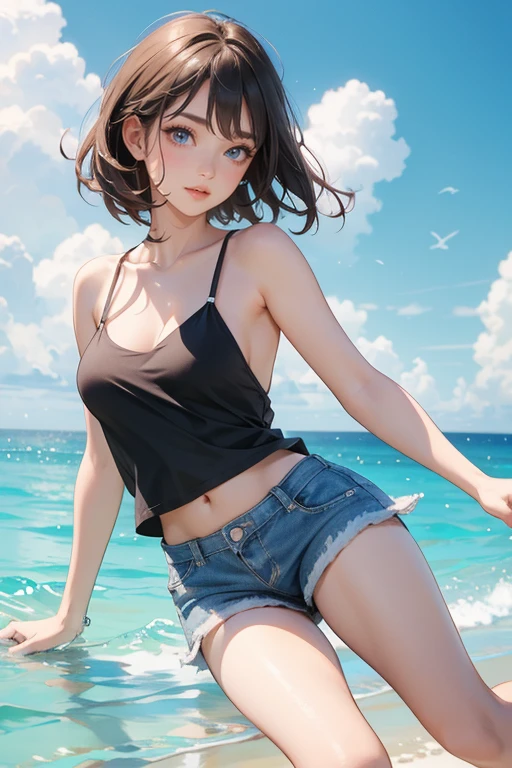 (Highest quality、masterpiece、High resolution、8K)、Vibrant colors、Young and beautiful woman 1、whole body、(Detailed face、Beautiful Eyes、Beautiful nose、Pretty lips)、Black and brown short bob、White tank top and shorts、barefoot、Jump High、Ride along the sandy beach、Surprised Smile、Official Art、The background is the sea、blue sky、Wide sandy beach、Wide forest、White waves and sandy beach、White Entrance Cloud、