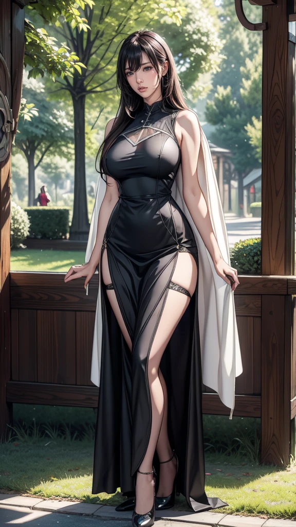 Satsuki Kiryuin from Kill-la-Kill, big breasts, voluminous breasts, curvy breasts, mesh stockings, standing with a katana, full height, bottom view, best quality, very detailed, ultra 8k resolution, huge breast, coat , vest, long skirt, portrait, full body, Victoria's clothing, long dress, knight, pants, black skin suit, medieval city, plants, vest, polo shirt, forest, long skirt