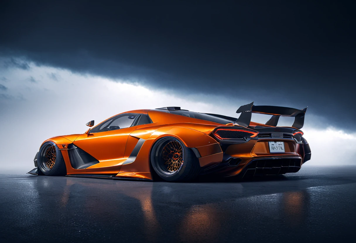 Supercar-forza horizon and gran turismo game ready design, dynamic angle, lowered to the ground, ((rear wing spoiler)), cinematic light, wide angle, studio light, tactical bodywork for supreme aerodynamics, (dirty Blood orange, with custom built body kit by LB WORKS AND HYCADE, riveting moody and atmospheric, ominous sky, low light, vivid and gritty, retro futuristic sci-fi influences, subsurface scattering, DOF, golden ratio, epic automotive concept art, v ray render