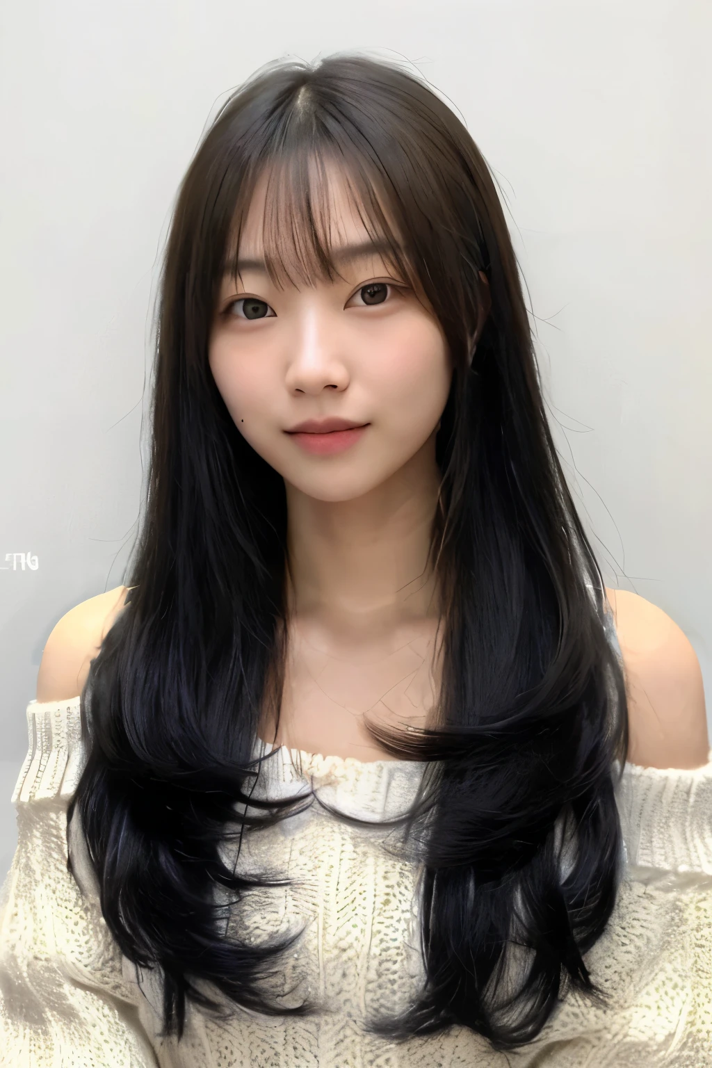 Best Quality, 8k, Masterpiece, (Portrait: 1.3), (photo realistic:1.4), (hyper realistic:1.4), Sharp Focus, looking at viewer, (smoother lighting:1.1), (increase cinematic lighting quality:0.9), realistic lighting, backlighting, light on face, ray trace, (brightening light:1.2), (Increase quality:1.4), sharp detail, (best quality real texture skin:1.4), finely detailed eyes, black_eyes, finely detailed face, 25 year old Korean woman, (off-shoulder:1.4), (Create an image maintaining the original base model hairstyle:1.5)