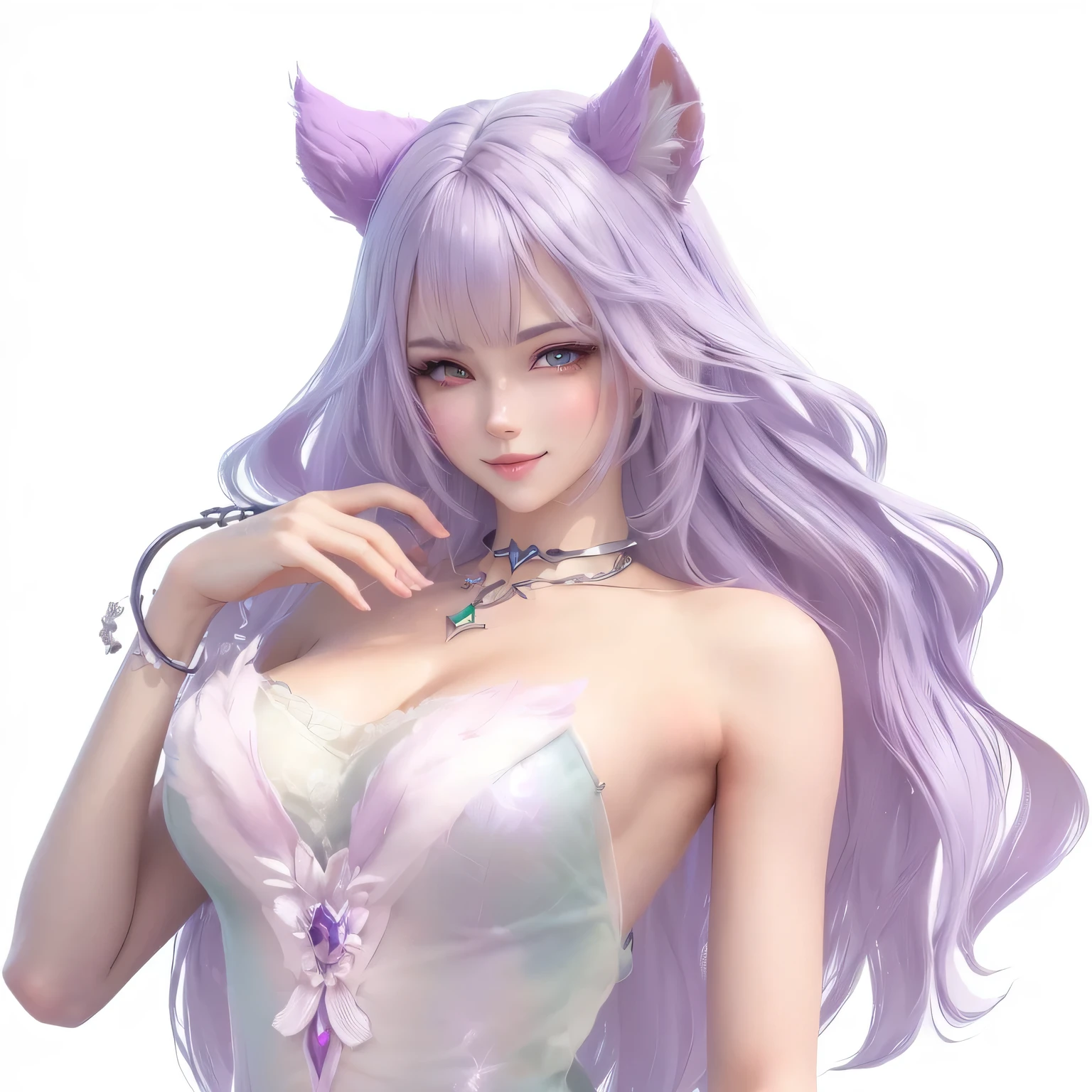 Anime girl with long purple hair and horns posing for a photo, April Rendering, Popular on cgstation, Smooth anime CG art, Charming cat girl, 3D Rendering Character Art 8k, Gu Weiss, Rendering a cute 3D anime girl, Beautiful young fox fairy, Seraphina Ali KDA, 2. 5D CGI anime fantasy artwork,Furry fox ears,Heterochromia,Purple Eyes,Evil smile,Tattoos,Beautiful breasts