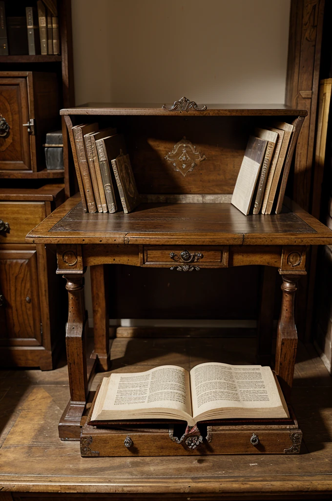 A baroque desk table, with an open book and a writer&#39;s utensils