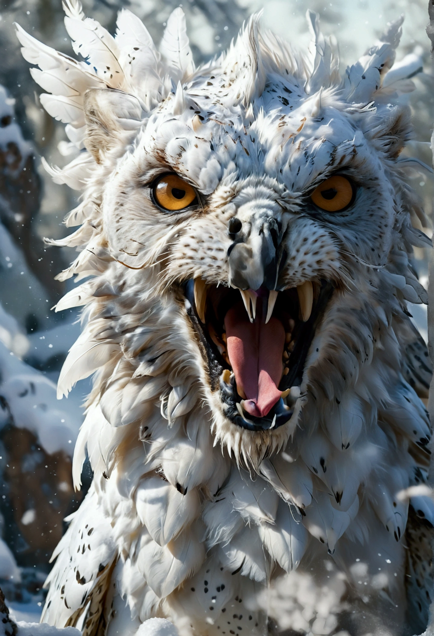 A mythical creature, a type of gryphon, head of a lion, front legs of a snow owl, wings of a snow owl, body of a snow leapord. Large regal, gritty sketch book style, large over sized canine teeth. 