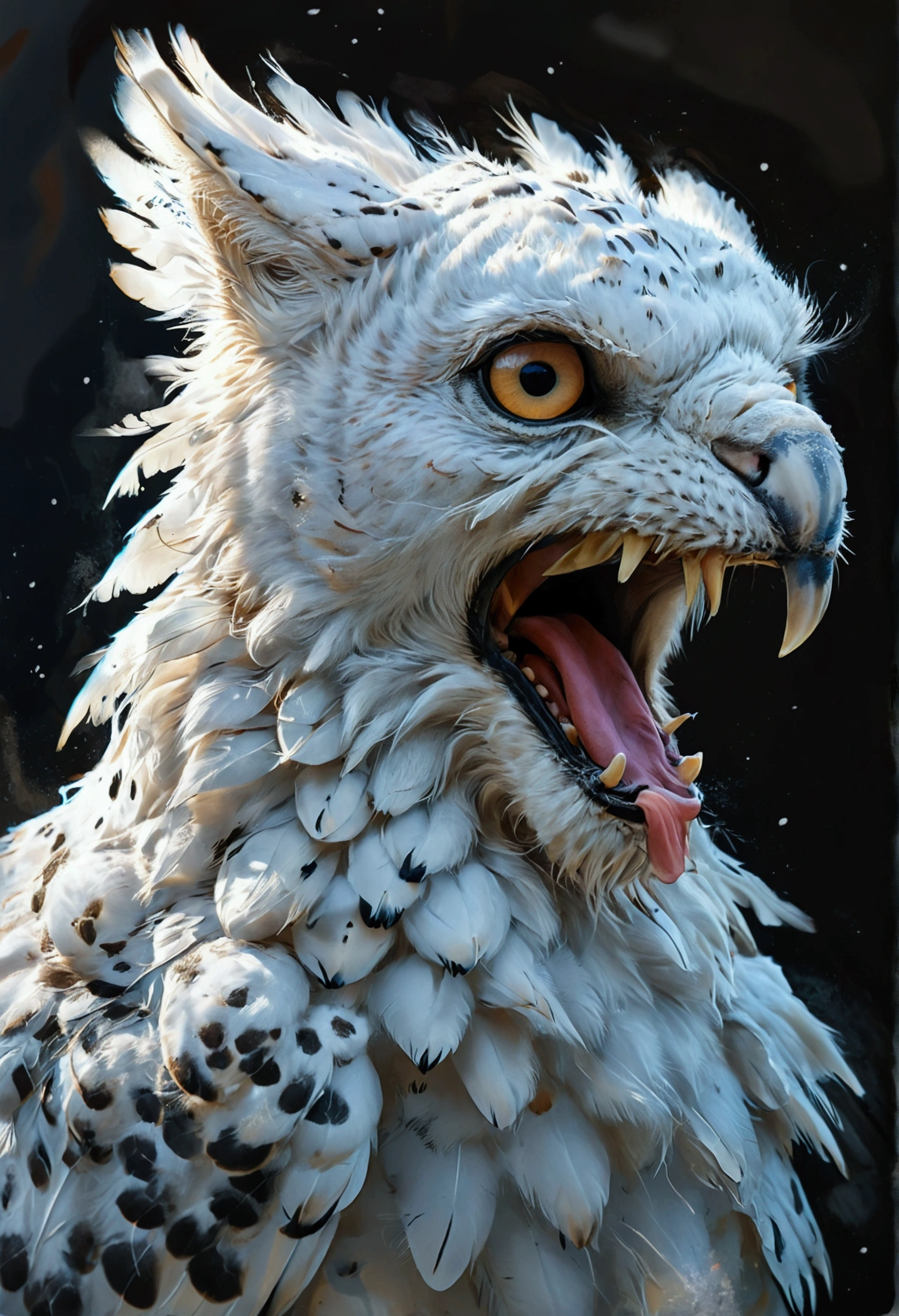 A mythical creature, a type of gryphon, head of a lion, front legs of a snow owl, wings of a snow owl, body of a snow leapord. Large regal, gritty sketch book style, large over sized canine teeth. 