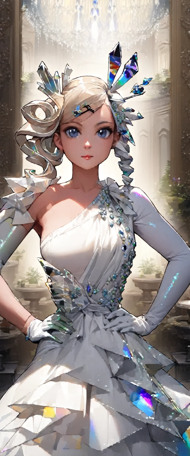 (portrait:1.2), adult, woman, Side-Swept Curls with Hairpin, wearing lgdress_1, one shoulder white dress, unique, avant-garde silhouette, metallic sheen, large crystal embellishments adorning the dress from the waist and shoulders, gloves, hair decoration high heels, (inside of mansion:1.3), Hand on Hips