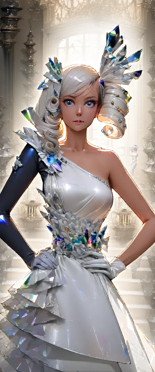 (portrait:1.2), adult, woman, Side-Swept Curls with Hairpin, wearing lgdress_1, one shoulder white dress, unique, avant-garde silhouette, metallic sheen, large crystal embellishments adorning the dress from the waist and shoulders, gloves, hair decoration high heels, (inside of mansion:1.3), Hand on Hips